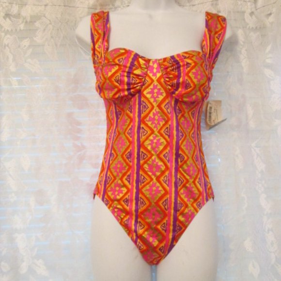Vintage 80s NOS Jantzen Disco Bathing swimsuit Metallic Groovy w/tags -8 - Picture 1 of 9